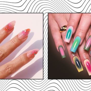 two sets of multi coloured aura nails in a collage