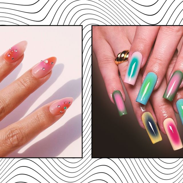 two sets of multi coloured aura nails in a collage