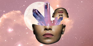 the bottom half of a face is placed over a full moon, with pink and purple crystals coming out of the top of it, and a smaller, mirror image of the face is seen flipped upside down in the background