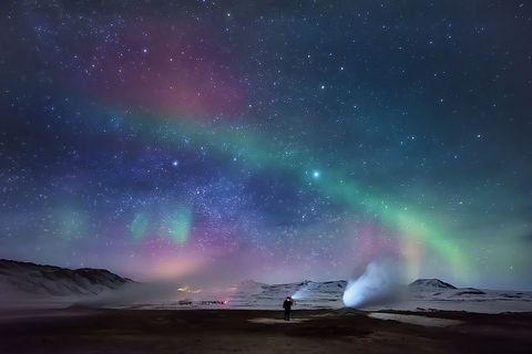 Aurora Borealis and Geothermal Steam, Iceland