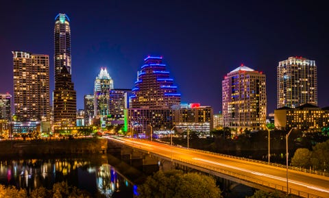 austin texas evening excitement cityscape, skyline, skyscrapers, congress avenue bridge