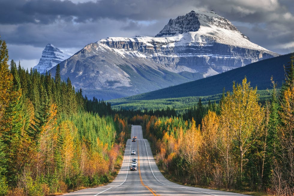 autumn drive in canadian rockies, icefields parkway, alberta, canada