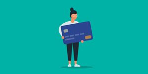 an illustration of a woman holding a life sized credit card