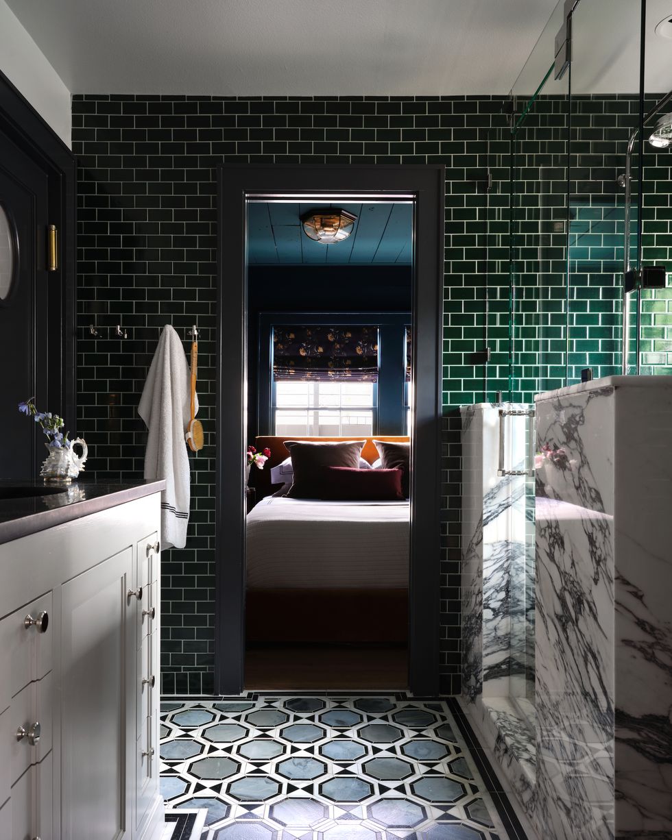 green tile bathroom with marble