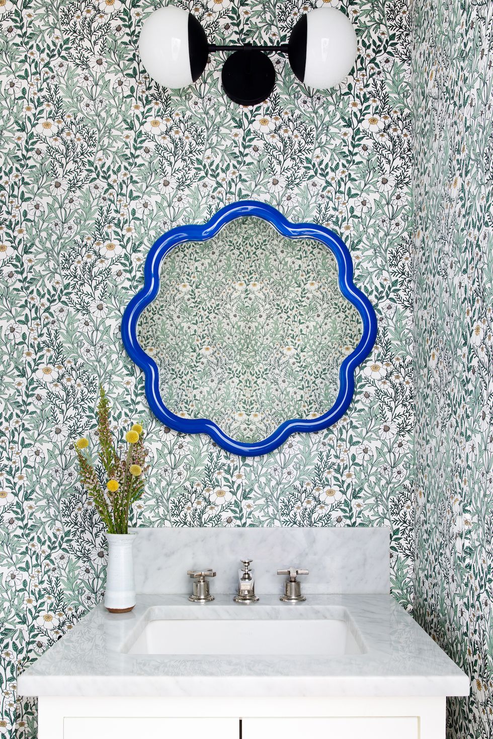 white and blue floral bathroom