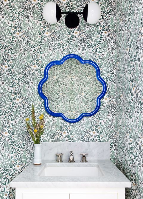 white and blue floral bathroom