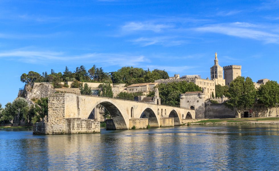 Rhone River cruise: Avignon Bridge with Popes Palace, Pont Saint-Benezet, Provence