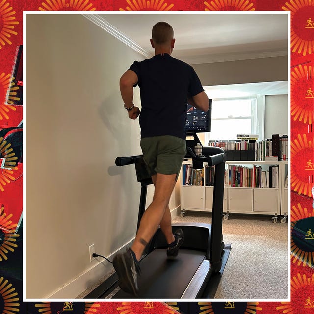 jamie running on the treadmill from the side.