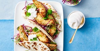 air fried Avocado Tacos on blue background air fried avocado tacos on blue background