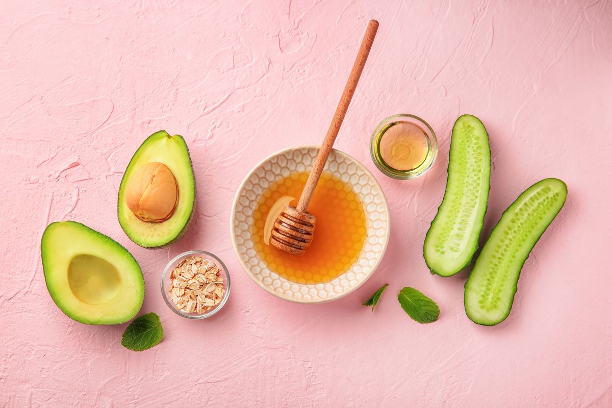 avocado, honey, oats, and cucumber to be used for a diy face mask