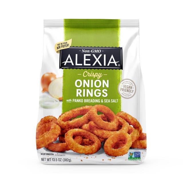 Frozen onion rings package featuring crispy onion rings with panko breading