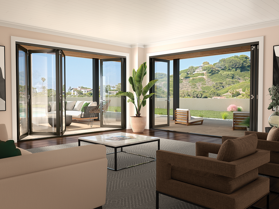 a living room with a large glass door
