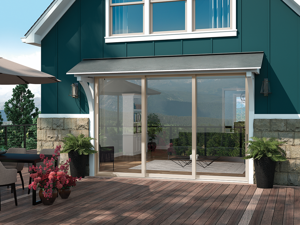 a building with glass doors
