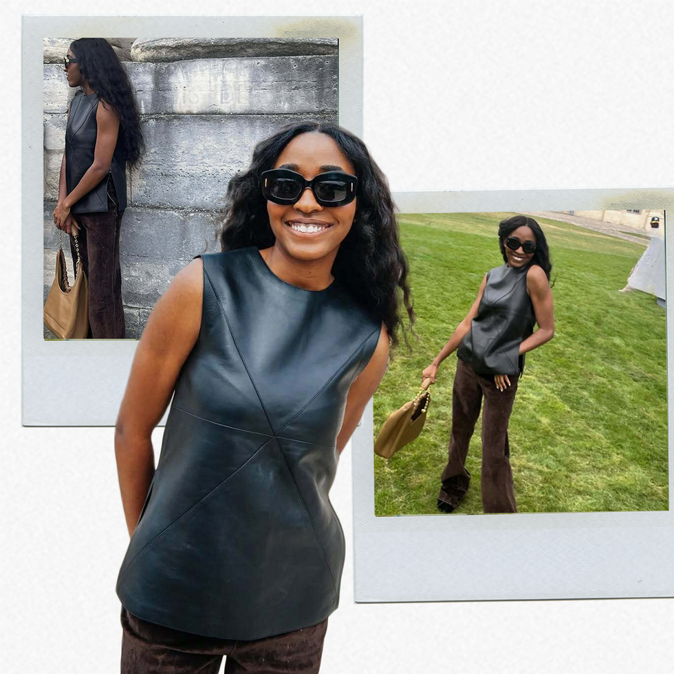 fashionable outfit featuring a sleeveless leather top and brown trousers
