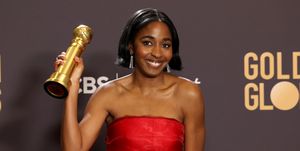 beverly hills, california january 07 ayo edebiri, winner of the best actress in a tv series, musical or comedy award for the bear poses in the press room during the 81st annual golden globe awards at the beverly hilton on january 07, 2024 in beverly hills, california photo by kevin mazurgetty images