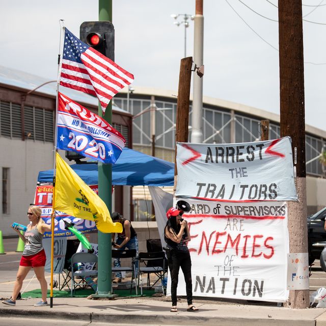 phoenix, az   may 01 protestors in support of former president donald trump gather outside veterans memorial coliseum where ballots from the 2020 general election wait to be counted on may 1, 2021 in phoenix, arizona the maricopa county ballot recount comes after two election audits found no evidence of widespread fraud in arizona  photo by courtney pedrozagetty images