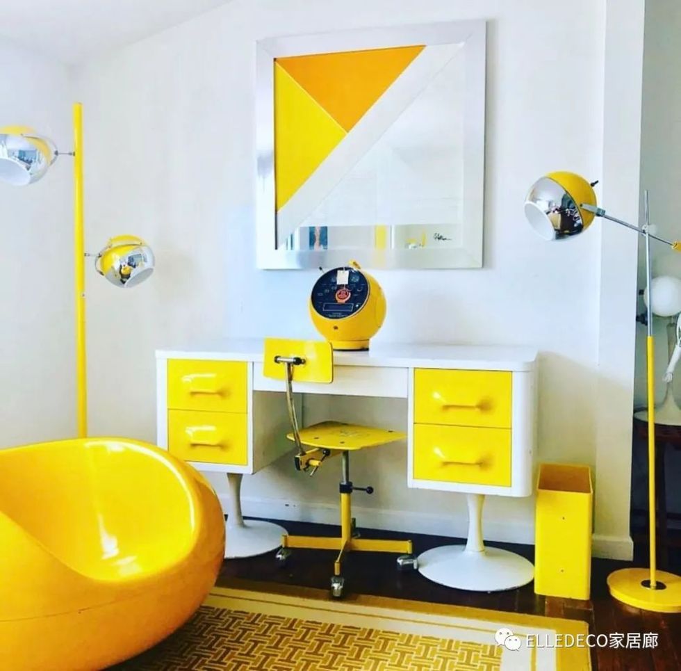 Yellow, Room, Interior design, Furniture, Orange, Wall, Material property, Table, Floor, Bathroom, 