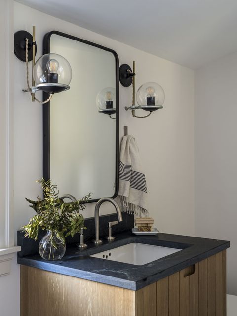 bathroom sink, mirror, towel hook
