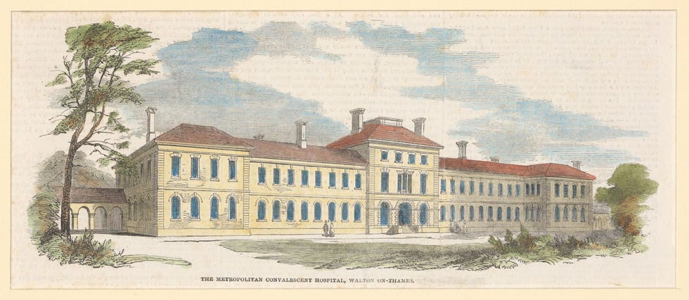 Metropolitan Convalescent Hospital WaltononThames Ingekleurde houtgravure 1854