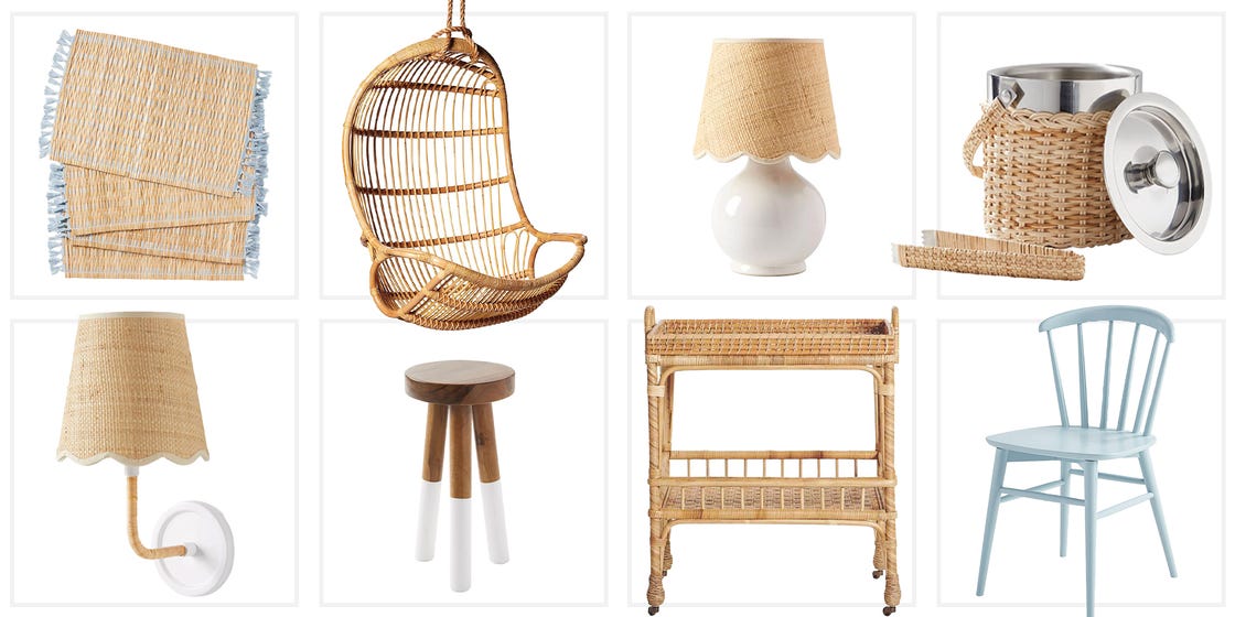 Collection of home decor items including textiles, furniture, and lighting.