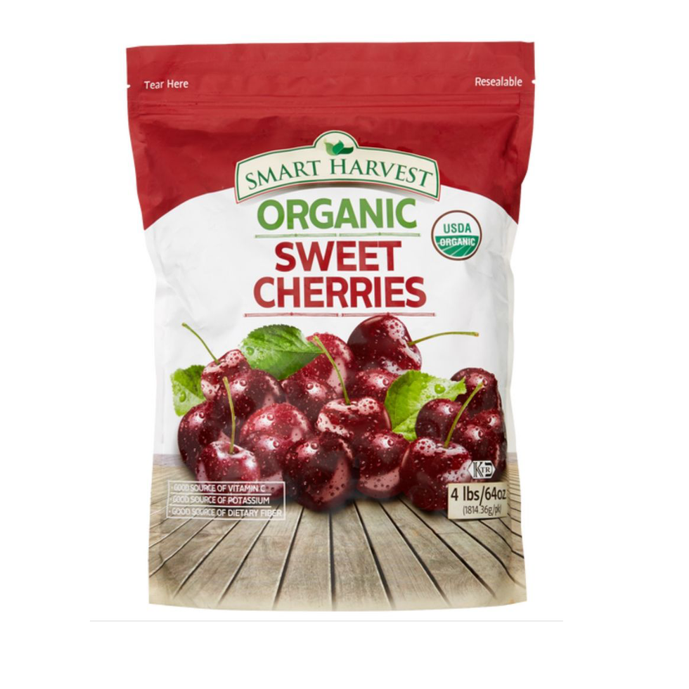 bag of organic sweet cherries with nutritional information