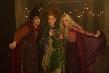 kathy najimy as mary sanderson, bette midler as winifred sanderson, and sarah jessica parker as sarah sanderson in hocus pocus 2, exclusively on disney