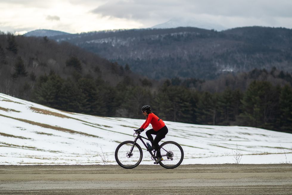 cyclist laura king out during a winter bike ride while pregnant
