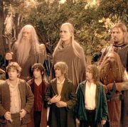 for review and preview purposes only from left, viggo mortensen, ian mckellen, orlando bloom, sean bean, john rhys davies and front row sean astin, elijah wood, dominic monaghan and billy boyd in a scene from the movie the lord of the rings the fellowship of the ring
