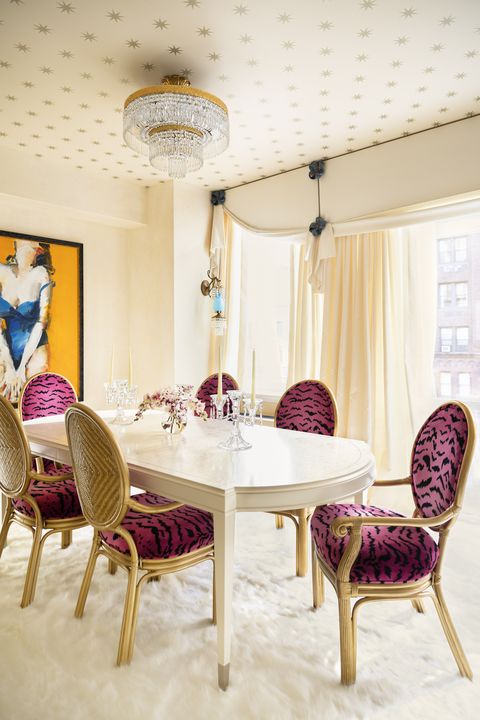dining room, pink leopard chairs