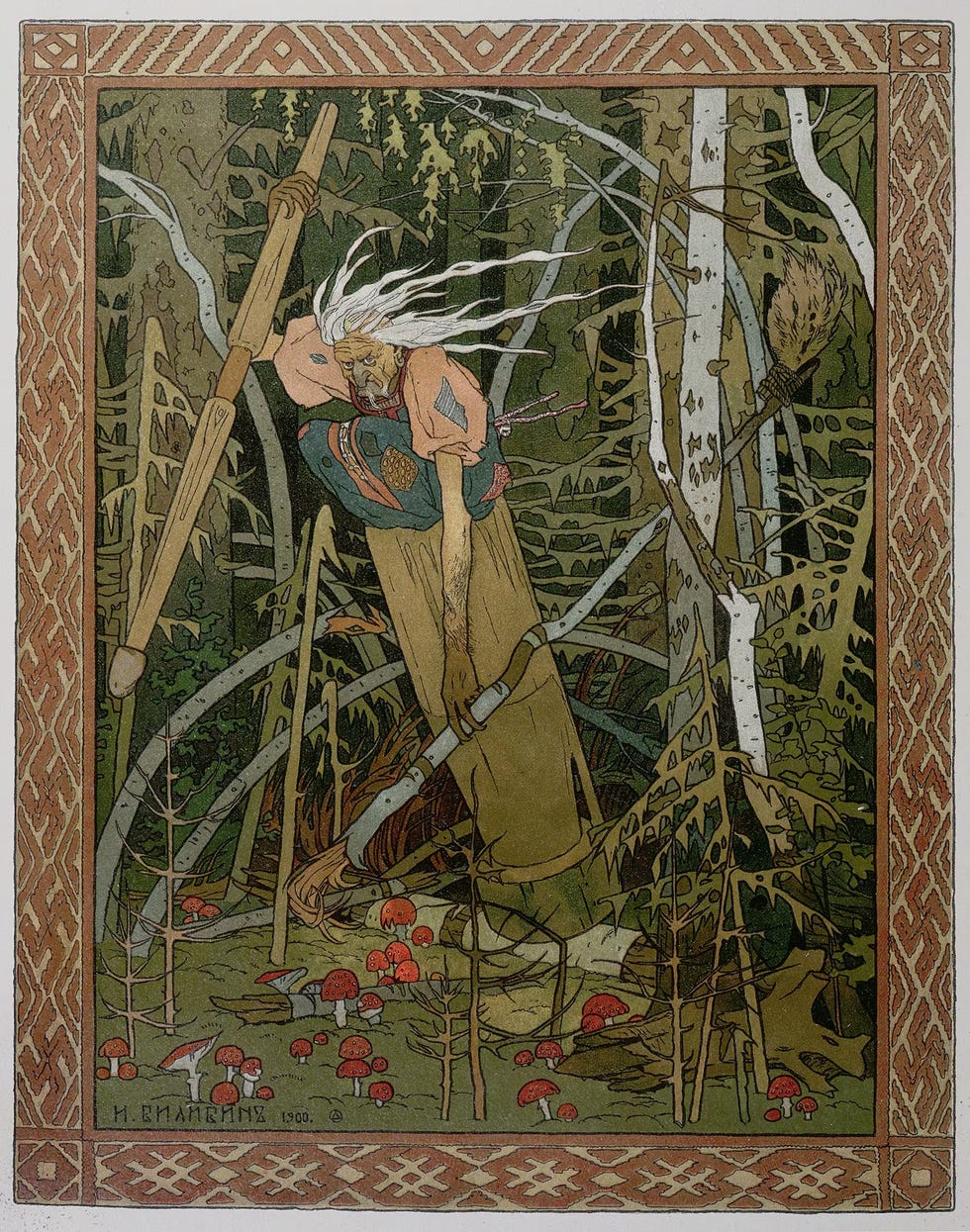 illustratie van baba yaga in het bos