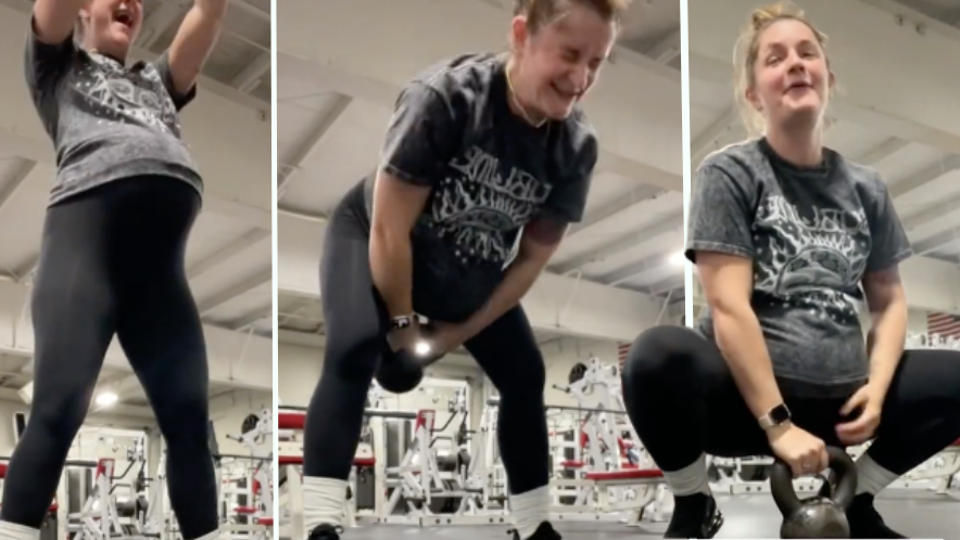 preview for Pregnant woman catches moment her 'baby bump drops during kettlebell workout