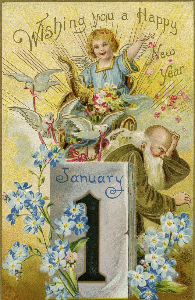 illustration for new year postcard featuring old father time and baby new year with calendar showing january 1