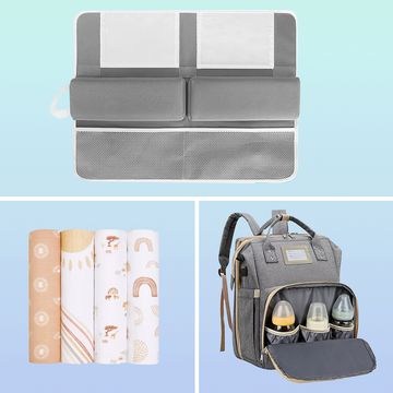 tub kneeling mat, baby seat, baby towel, white noise machine, bib, diaper backpack, swaddle blankets