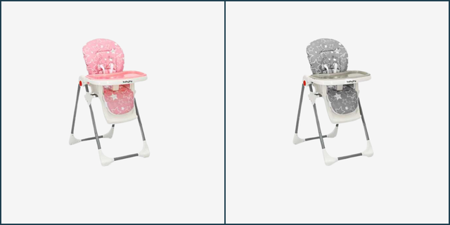 two high chairs one pink and one gray