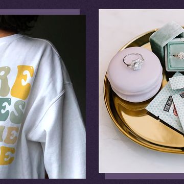 here comes the bride sweatshirt and bling wipes with diamond rings in ring box