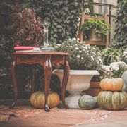 back porch with fall decor