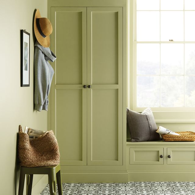 behr back to nature green 2020 color of the year in a mudroom