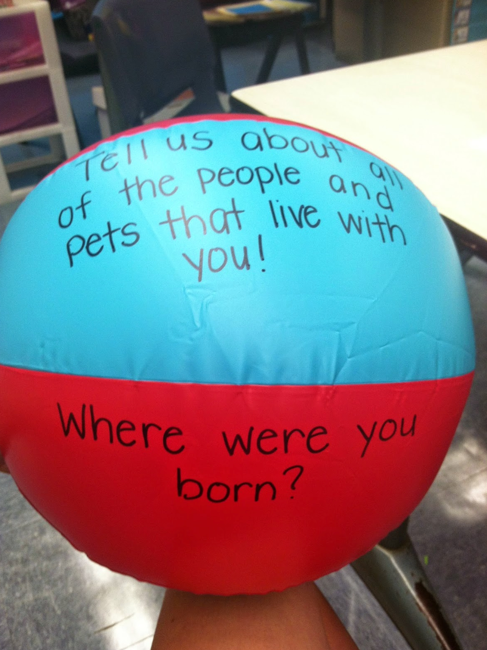 back to school activities beach ball, with questions written on it