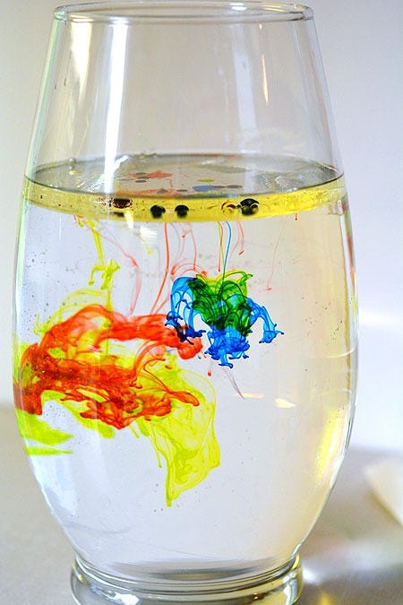 back to school activities , glass of water with drops of food coloring inside