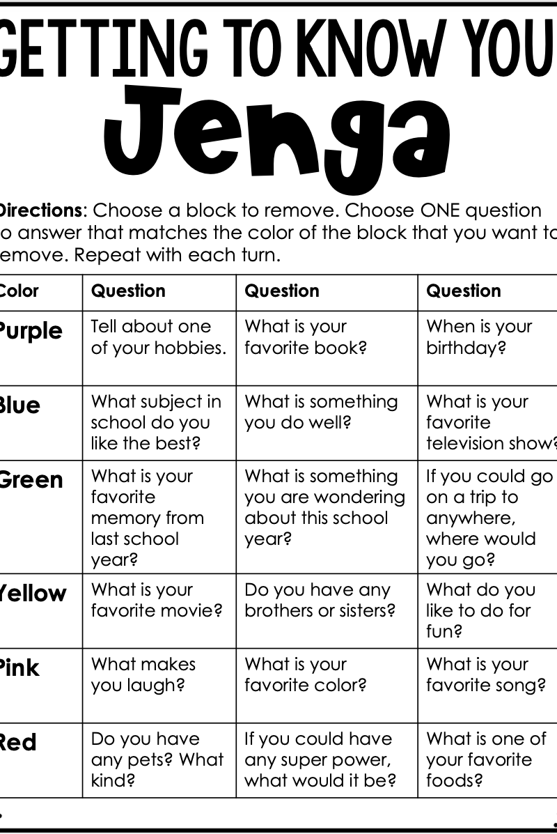 back to school activities getting to know you jenga game with questions