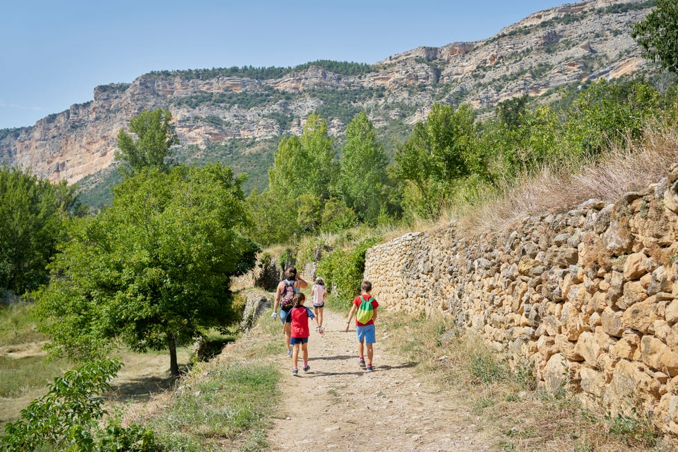 back view of made with her children with backpack walking on a dirt path with trees around, rear view