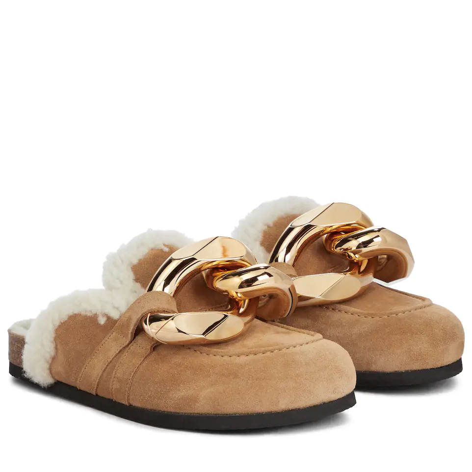 jw anderson embellished shearing and suede slippers