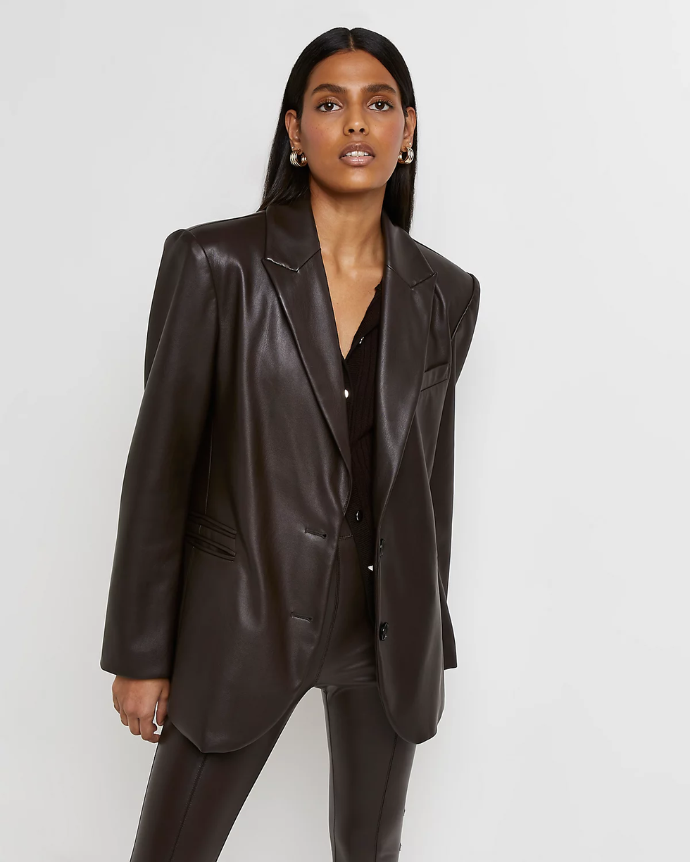 ri brown faux leather oversized blazer