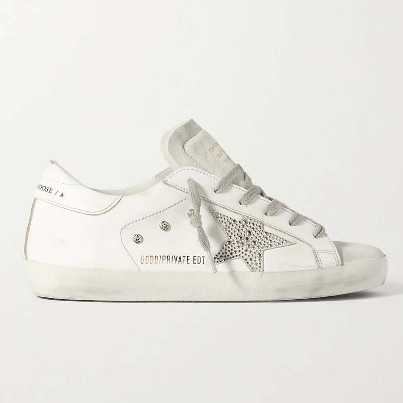 golden goose deluxe brand superstar crystal embellished distressed leather and suede sneakers