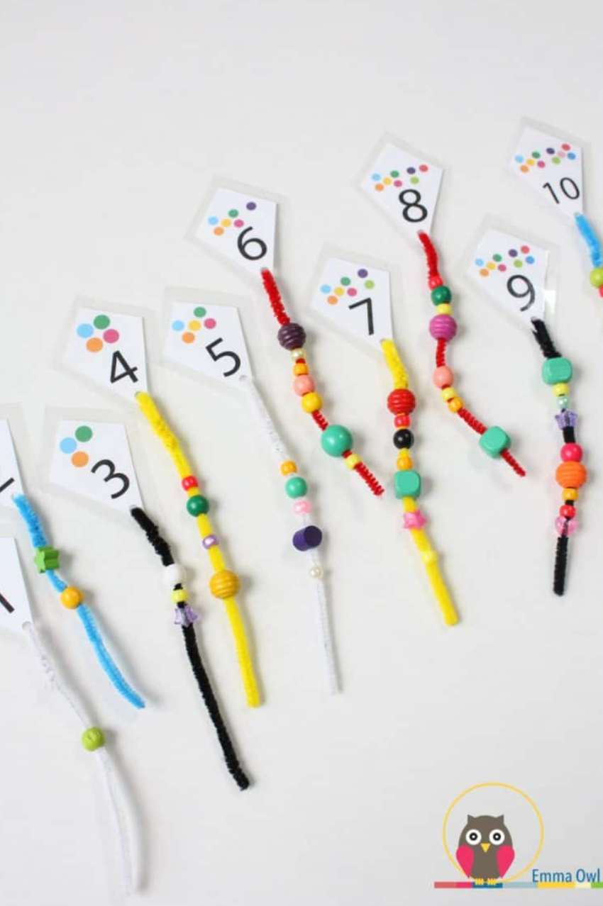 back to school activities, beads and labels with numbers