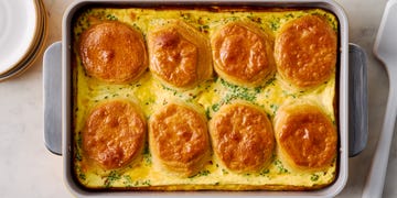 bacon and egg casserole layered with biscuits