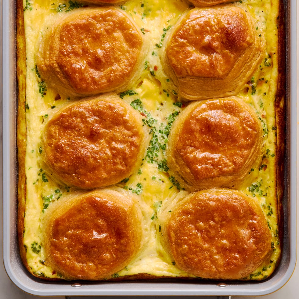 bacon and egg casserole layered with biscuits