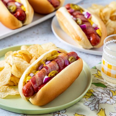 bacon wrapped hot dogs with potato chips