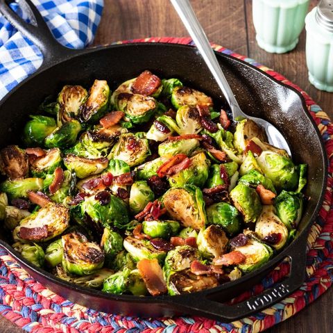 maple bacon brussels sprouts in cast iron skillet