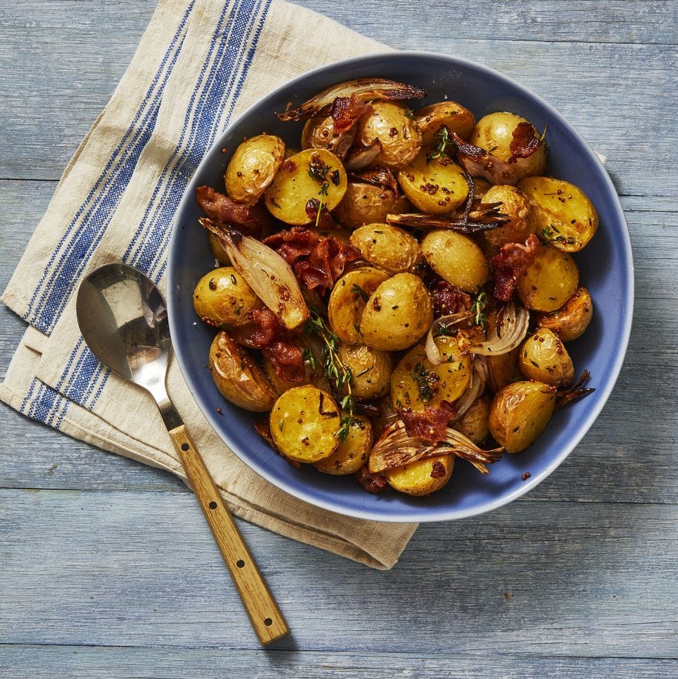 bacon roasted potatoes in a blue bowl